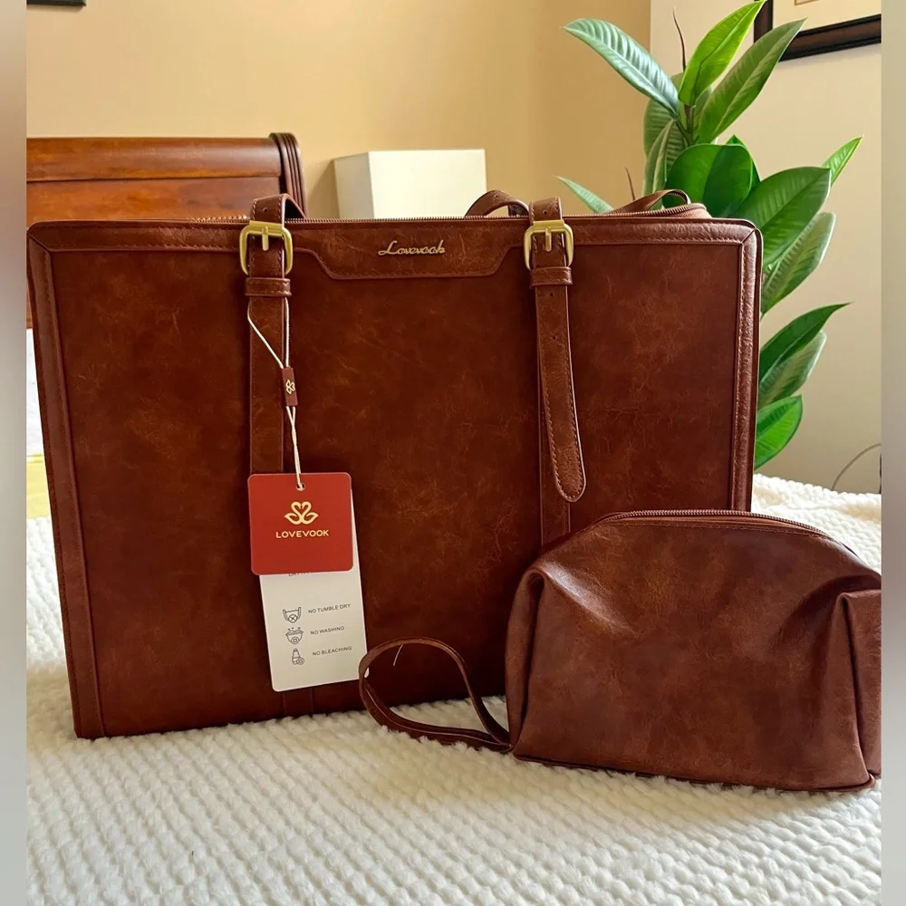 NWT LOVEVOOK Vintage Leather Laptop women’s Tote 15.6” with Clutch Purse.